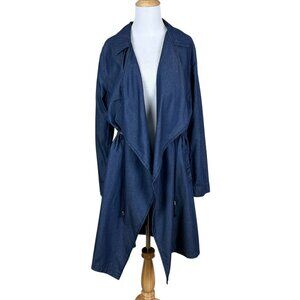 Draped Duster Jacket Womens Large Blue Chambray Open Front Cinched 1 Sunset Lane